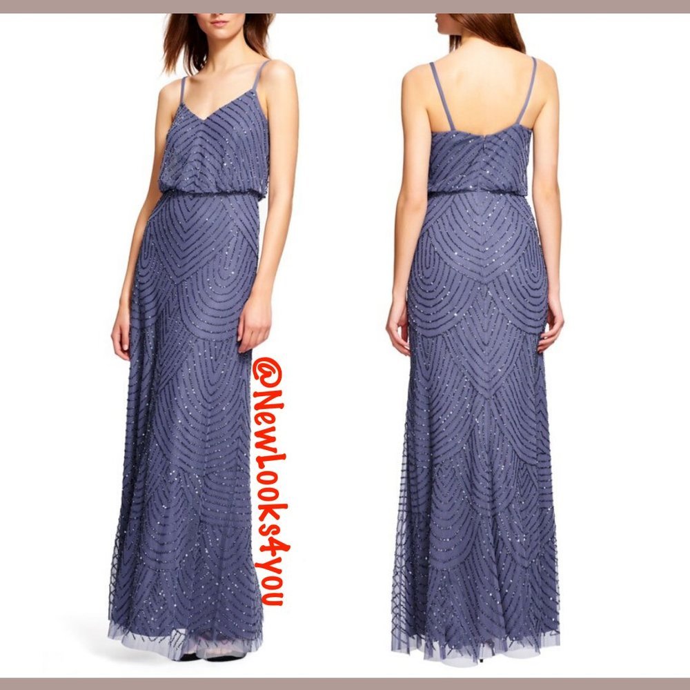 NWT Adrianna Papell Art‎ Deco Beaded Blouson Gown in Dark Heather [SZ 2 12 ]